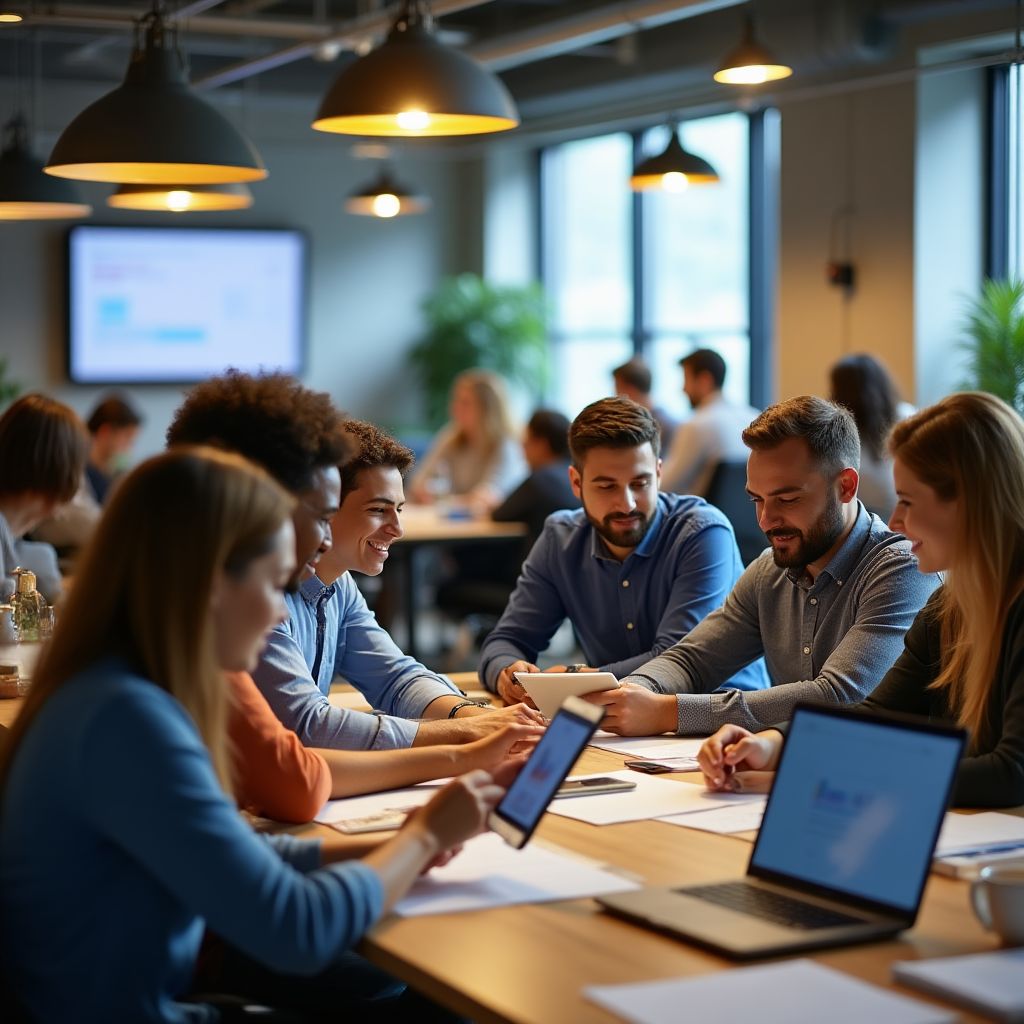 Equipo diverso colaborando en soluciones financieras digitales
